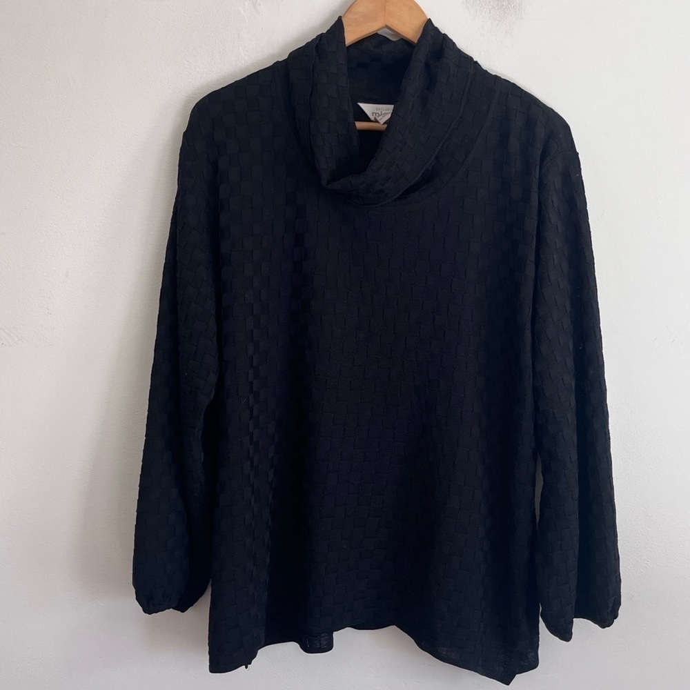 Exclusively Misook Balloon Sleeves Turtleneck Acrylic Woven Checkered Solid top
